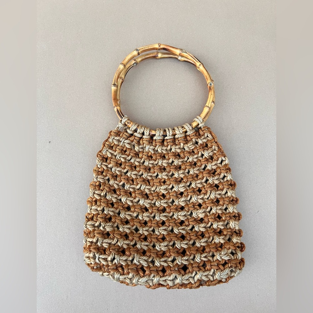 Macramé Purse Handbag Brown Beige Bamboo Handle Casual Woven Vintage